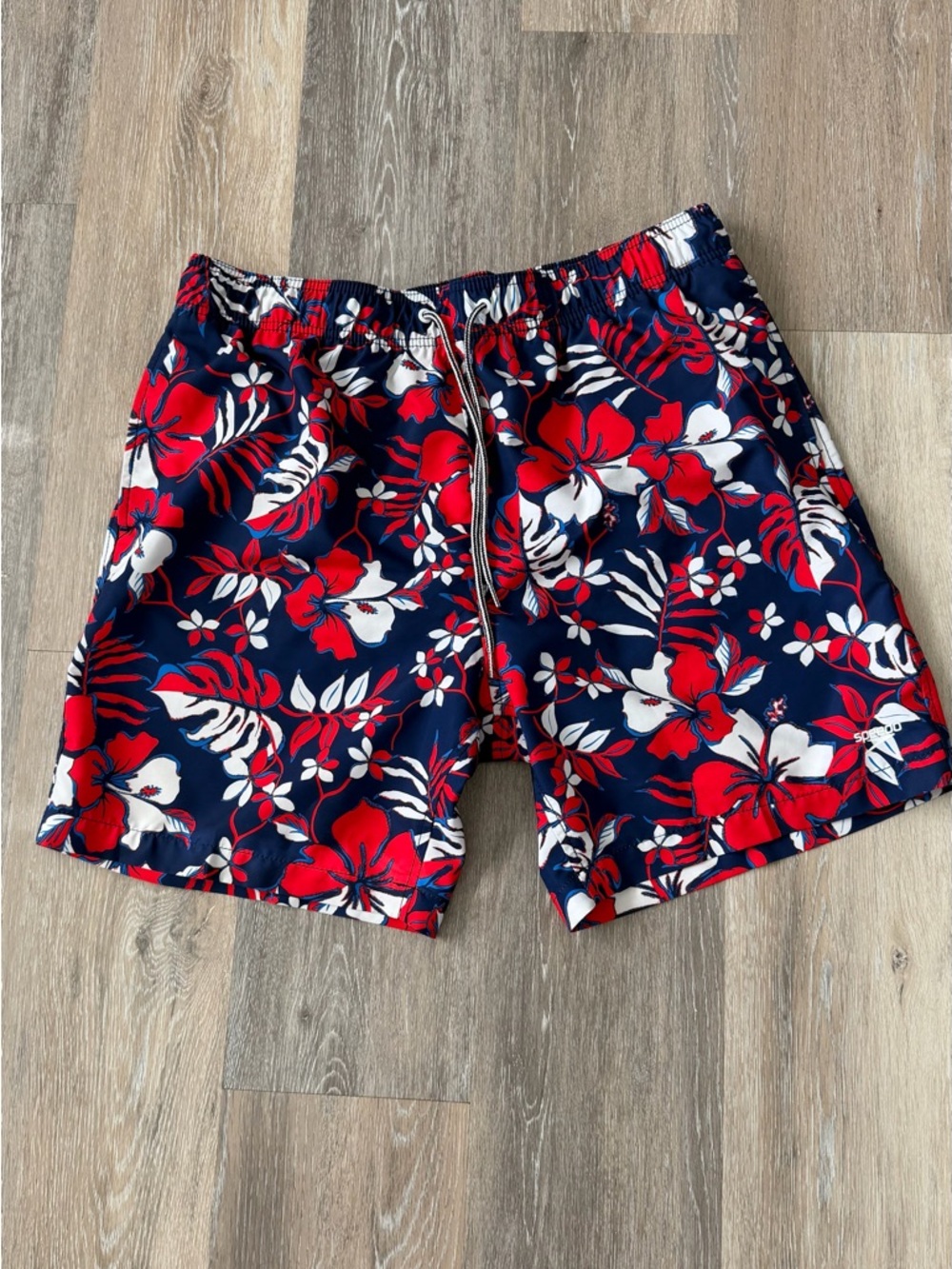 Speedo Navy Swim Trunks with Red & White Floral Print